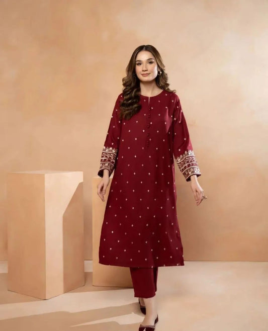 Luxury Embroidered Lawn Suit – 2-Piece | Black & Maroon